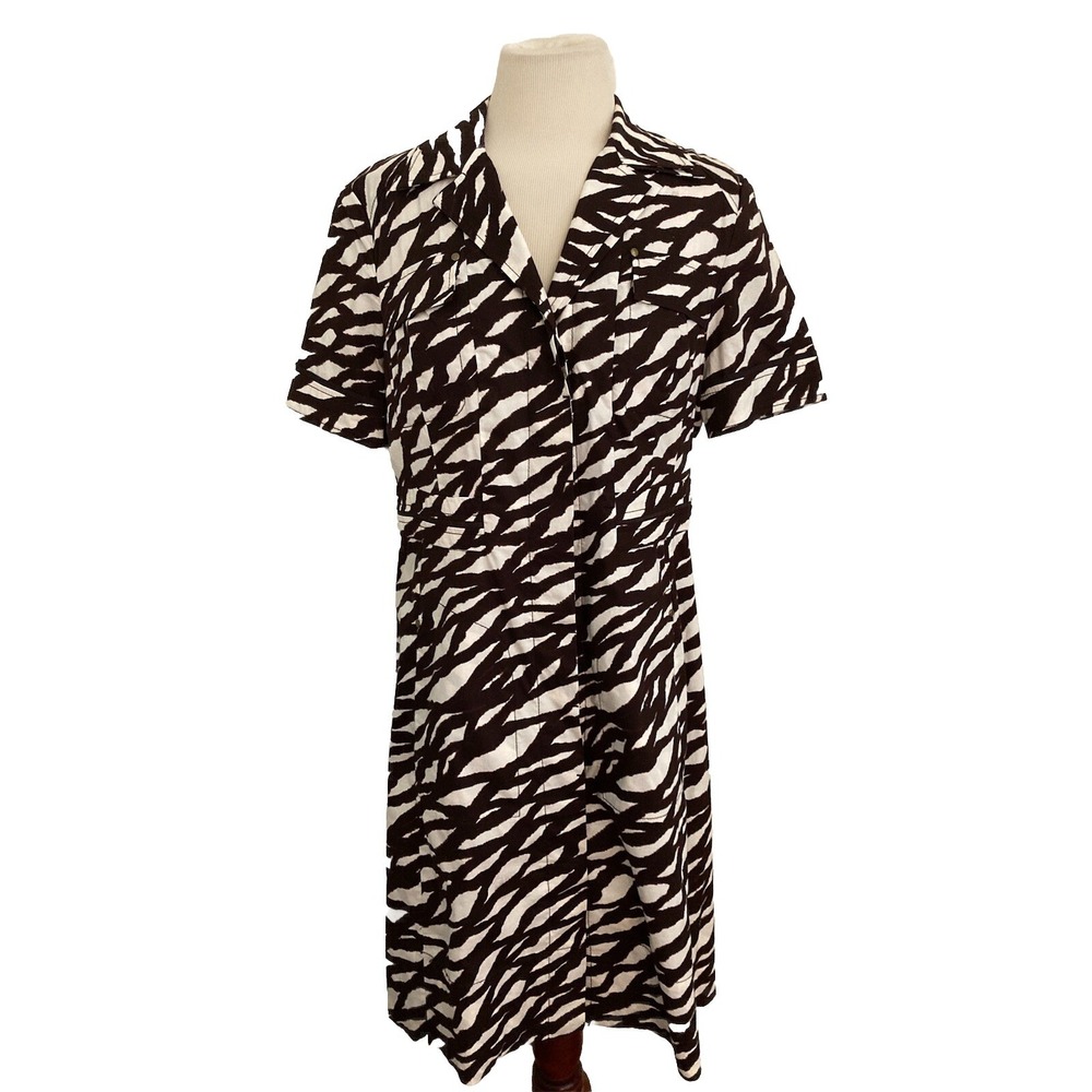 Anne Klein Dress Button Front‎ Safari Size 8  brown white zebra pockets